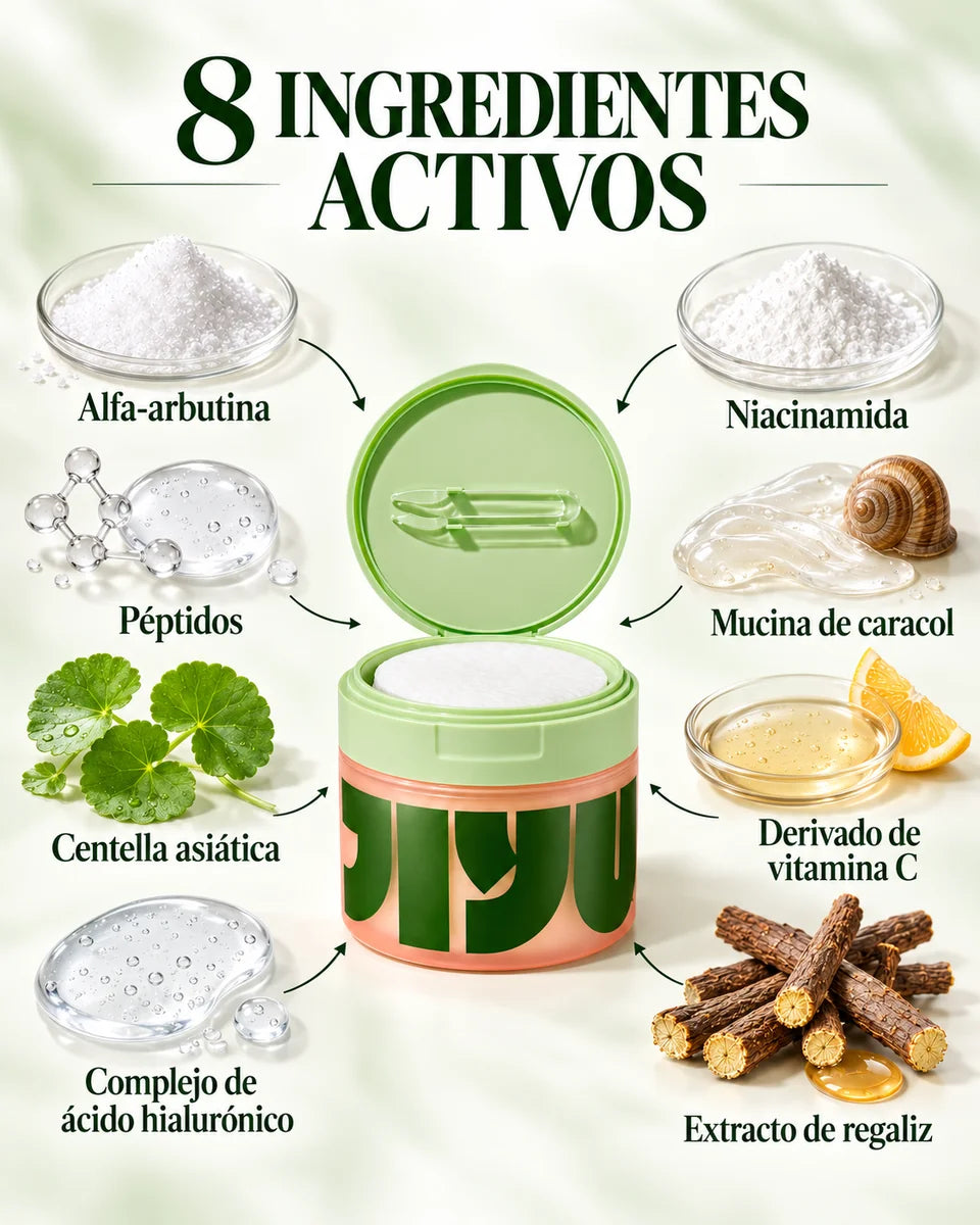 Ocho activos principales: alfa-arbutina, niacinamida, péptidos, mucina de caracol, centella asiática, derivado de vitamina C, complejo de ácido hialurónico y extracto de regaliz.