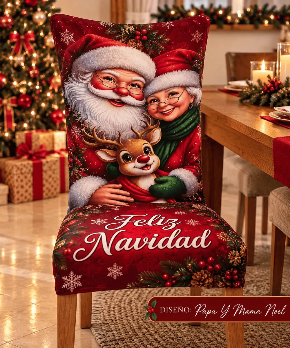 Funda navideña Papá y Mamá Noel con reno, imagen de referencia autorizada