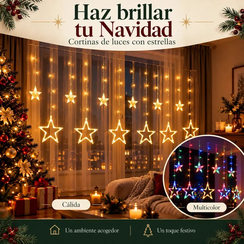 Haz brillar tu Navidad. Cortinas de luces con estrellas.