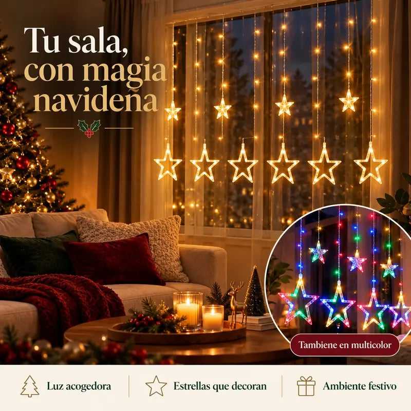 Tu sala, con magia navideña. Cortinas de estrellas cálidas y multicolor.