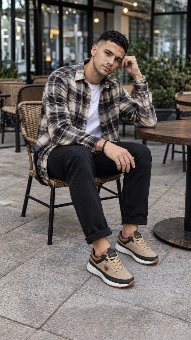 Modelo sentado en una cafetería usando el zapato beige